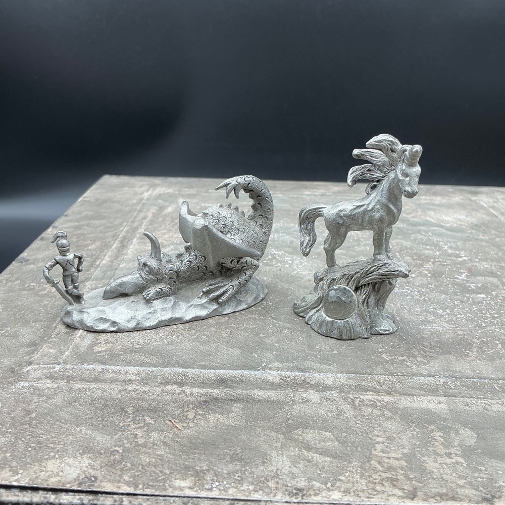Vintage Spoontiques Pewter Dragon Knight MR1303 & Unicorn MR866 Figurines